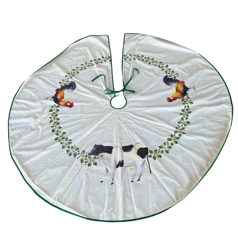 Handpainted Country Farm Christmas Tree Skirt Cow Rooster Holly Berries 54”